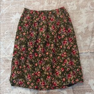 Vintage Green and Pink Floral Corduroy Skirt Knee-Length Size L